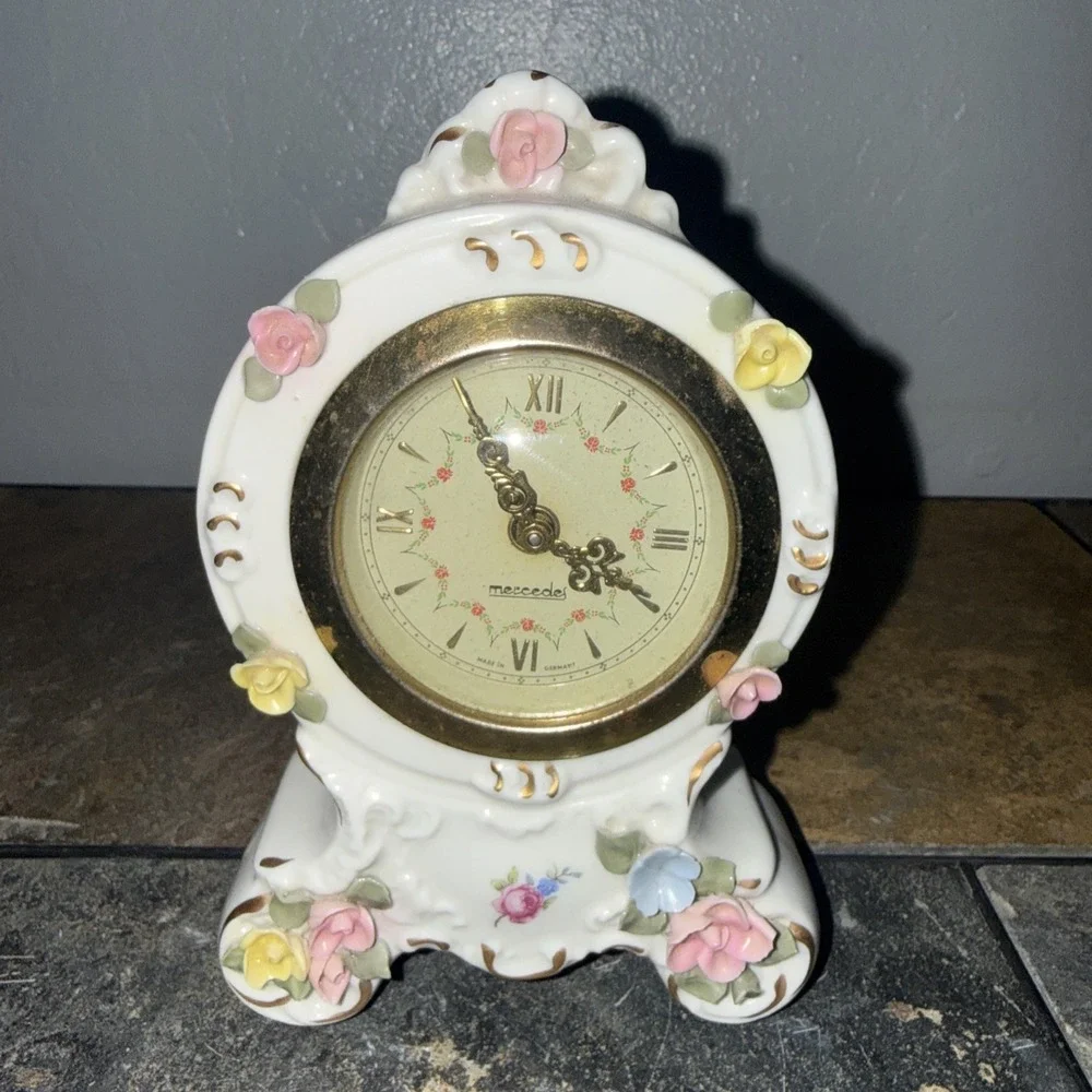 Vintage Dresden Mercedes Wind Up Miniature Porcelain Mantle Clock Germany-Works